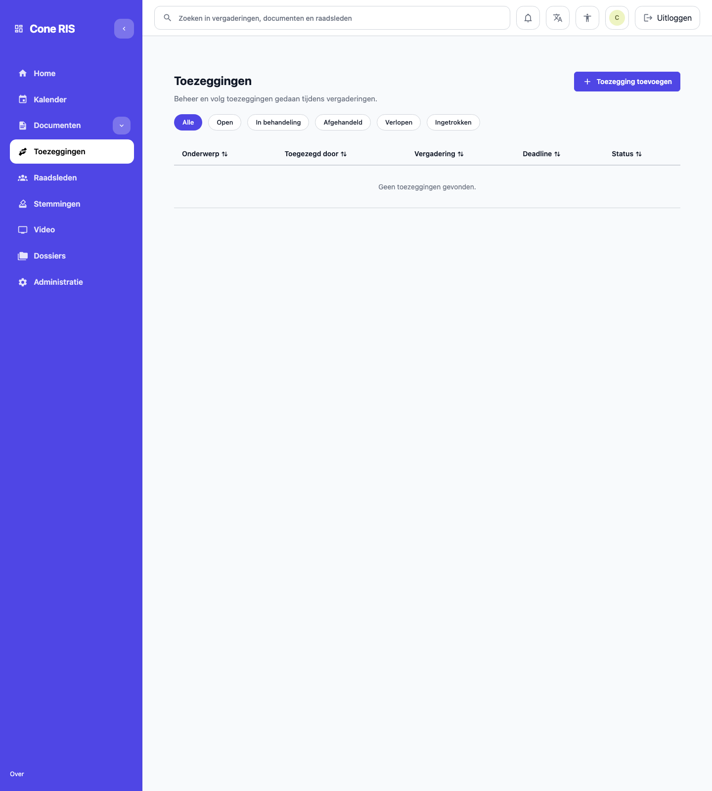 Toezeggingen overzicht