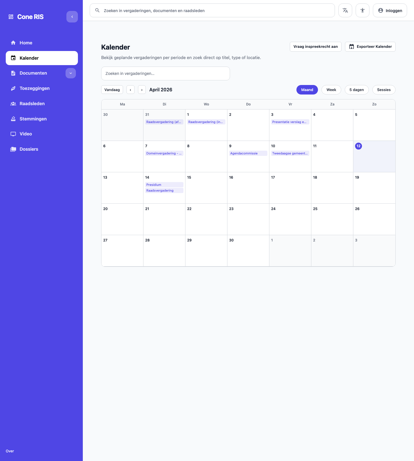 Vergaderingen kalenderweergave